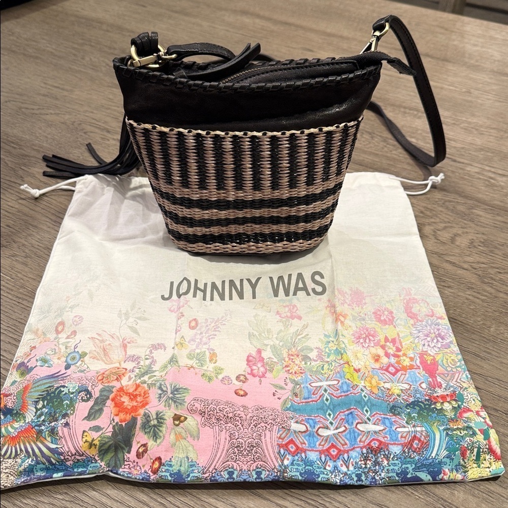Johnny Was Banda Crochet Bucket Bag in natural and black woven pattern